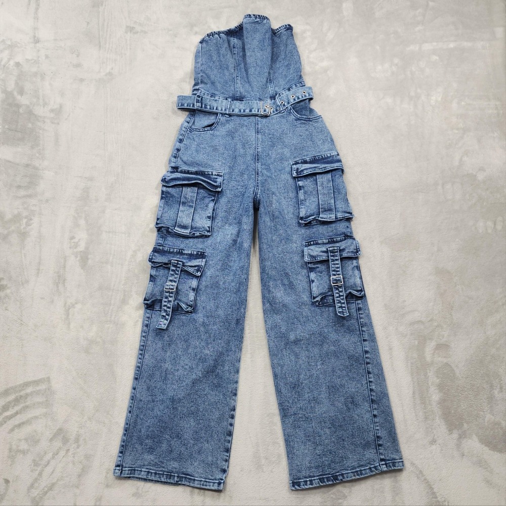 Riley & James Jumpsuit Womens S Blue Denim Strapless Cargo Wide Leg Belted Zip